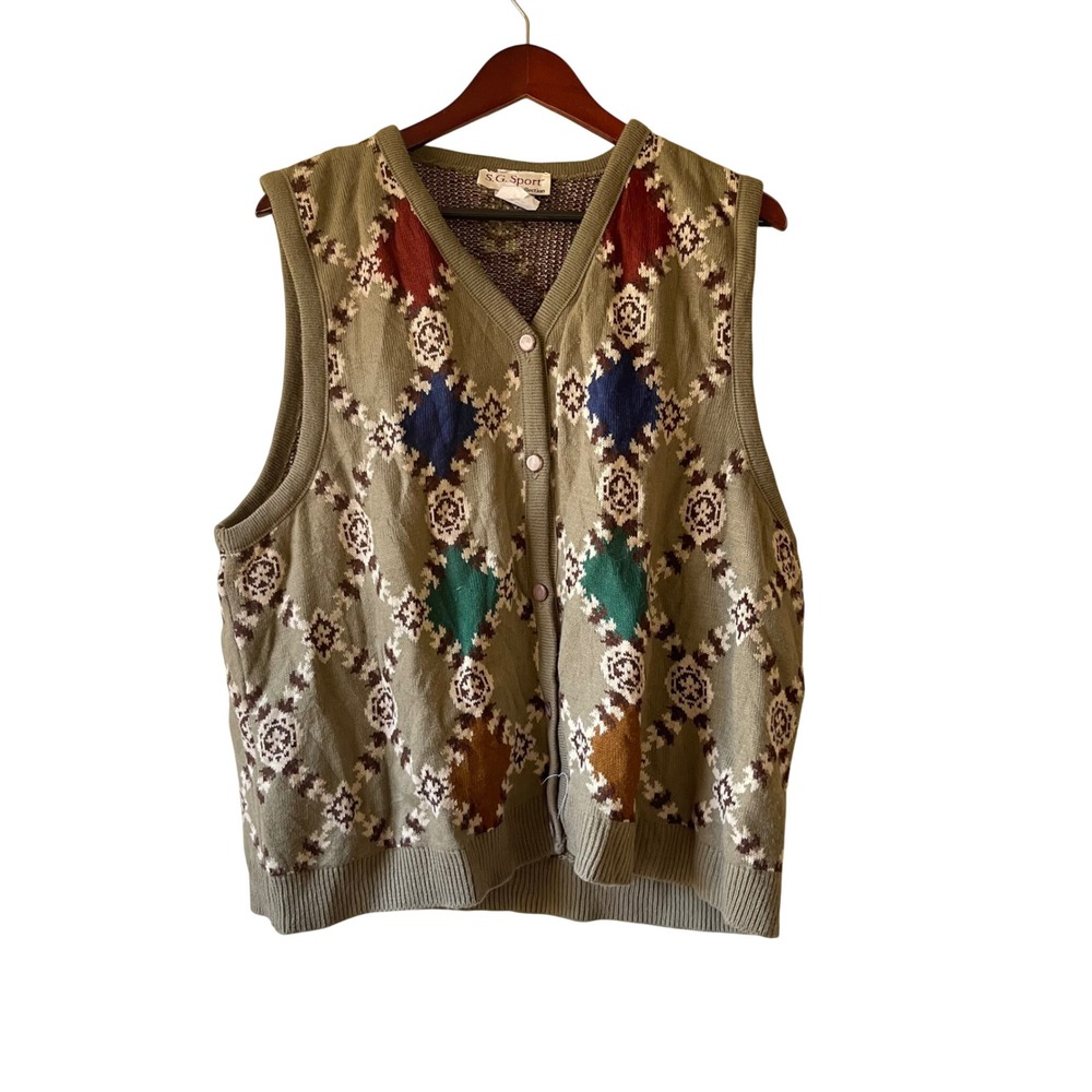 Vintage 70s 80s V-Neck Argyle Sweater Vest Women‎ Plus Size 1X academia